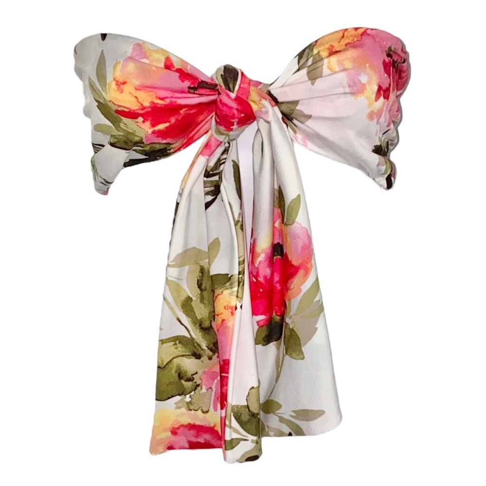 S MeeK White Tropical Floral Print Tie Front Cropped Bandeau Scarf Bra Top